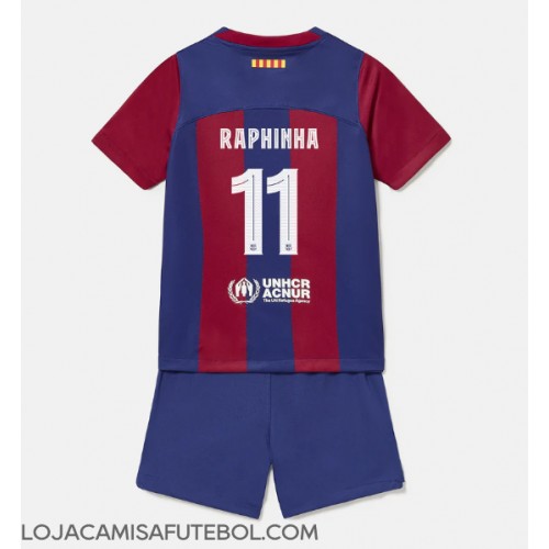 Camisa de Futebol Barcelona Raphinha Belloli #11 Equipamento Principal Infantil 2023-24 Manga Curta (+ Calças curtas)